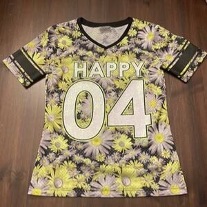 Justice Girls Mesh Jersey Tee Sz 7 Glitter HAPPY 04 Daisies Floral Shirt